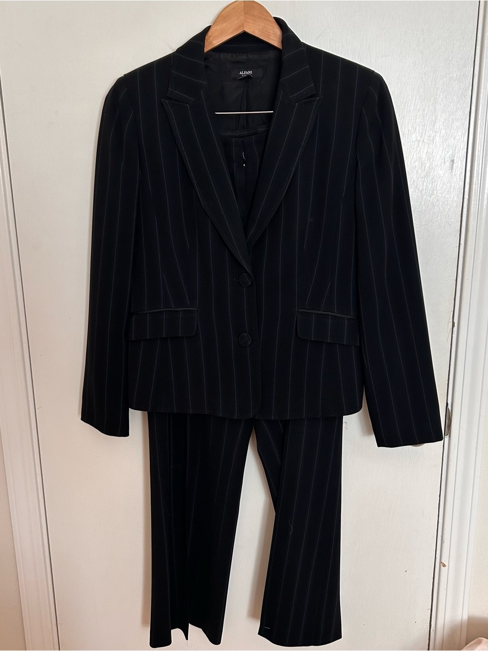 Alfani black, navy and white pinstripe boot-cut pantsuit
